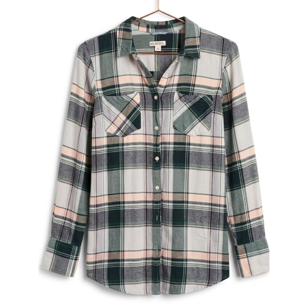 Merona Plaid Button Down Lightweight Shirt Sz M Boho Minimalist Coastal - Picture 3 of 5